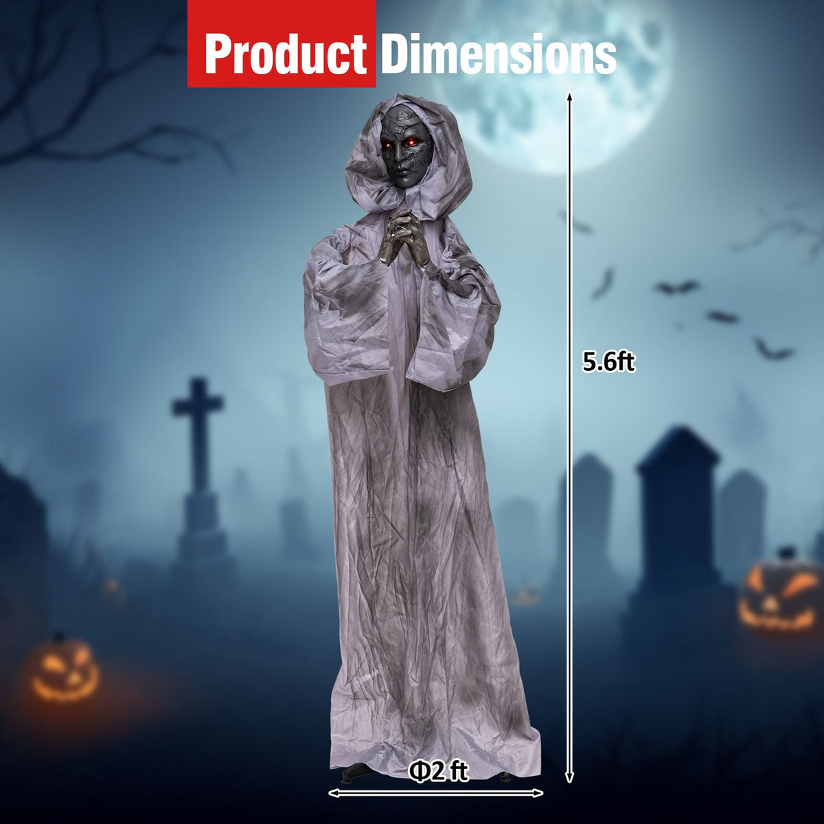 Gray-robed animatronic with dimension arrows on a moonlit Halloween backdrop