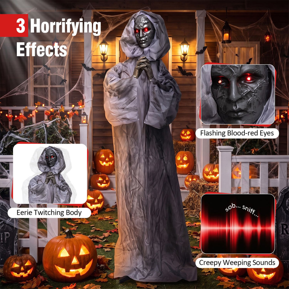 A hooded figure with glowing red eyes appears with close-up insets of its face and a sound waveform.