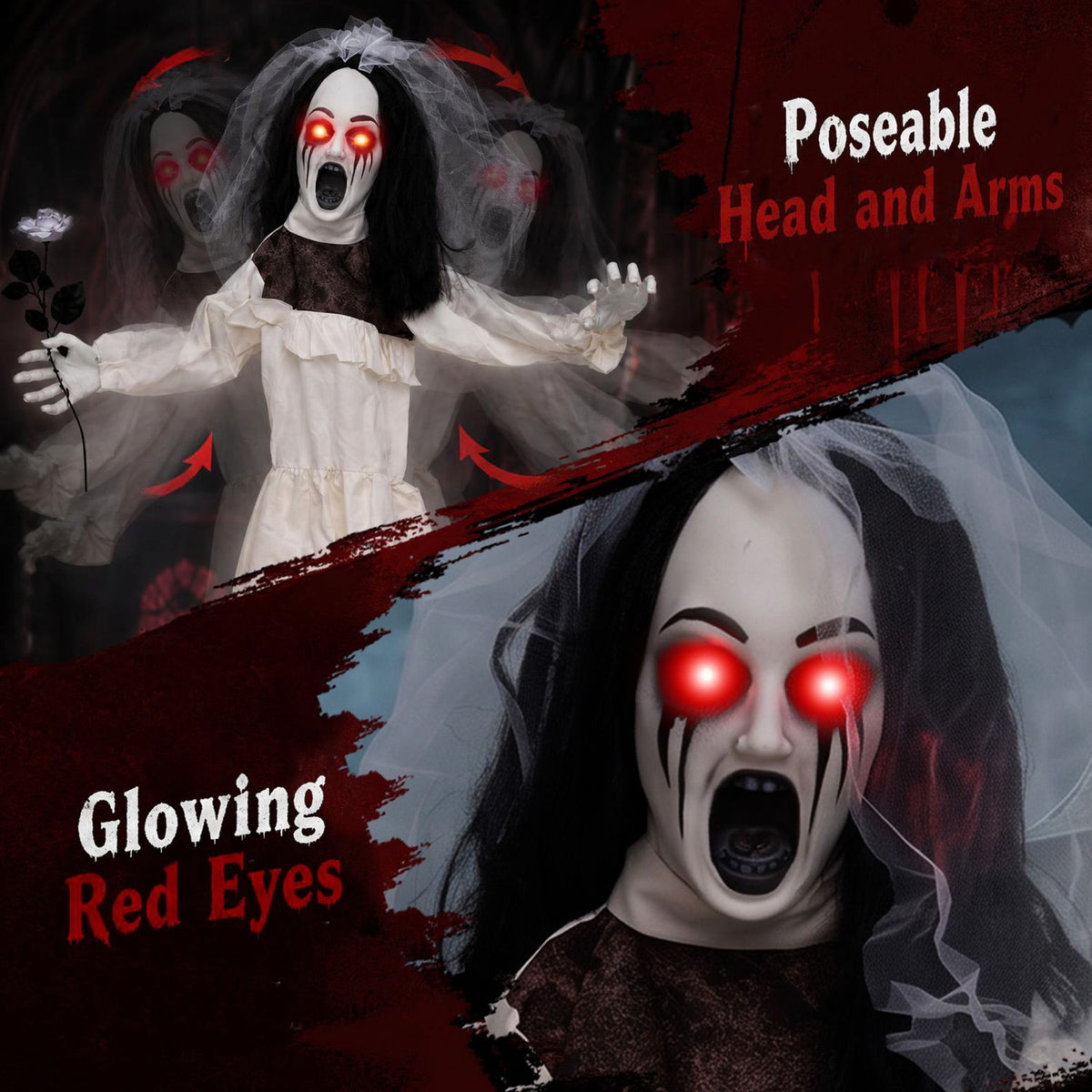 The bride animatronic appears with glowing red eyes, a veiled head, and arms shown in several poses.