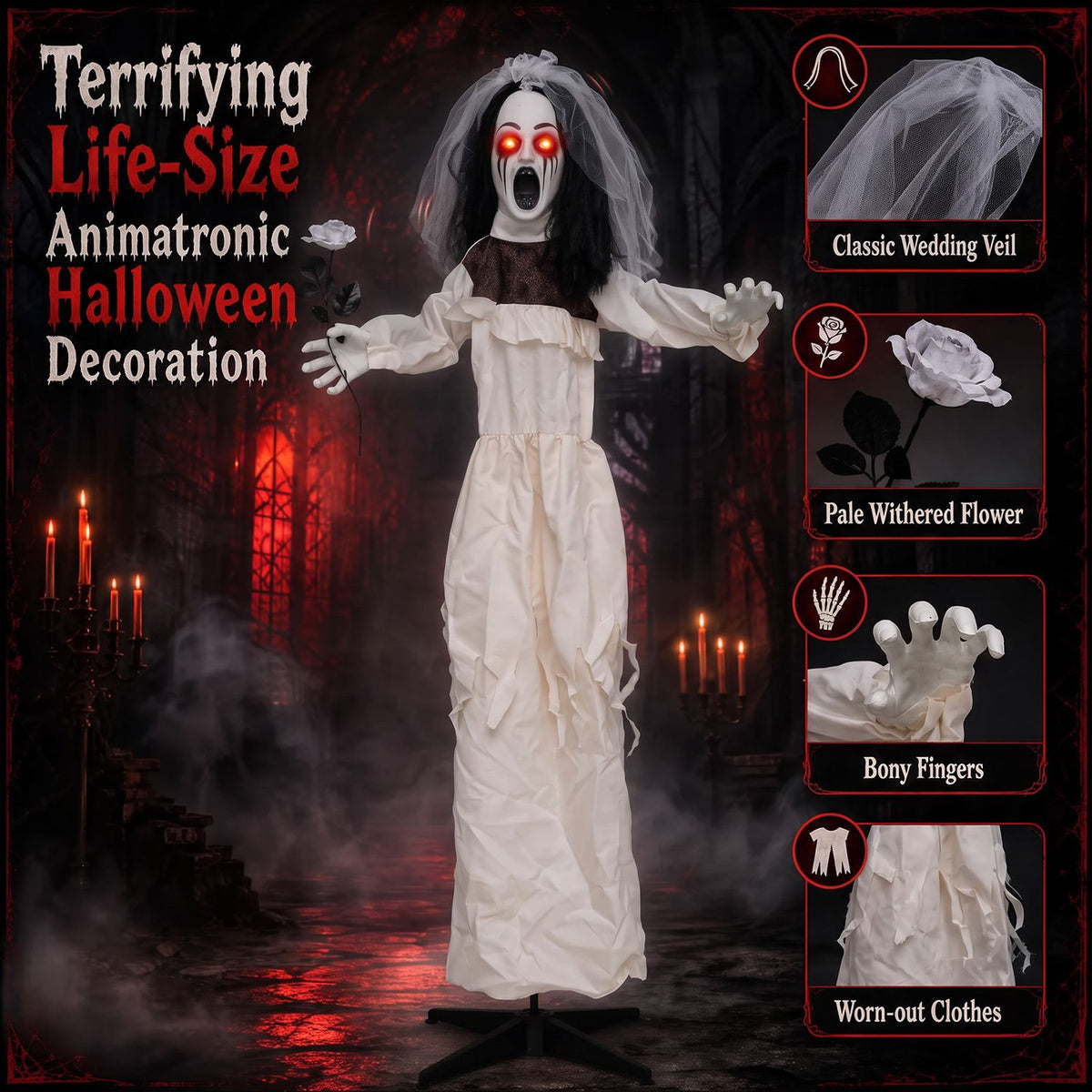 Full view of the bride animatronic beside close-ups of its veil, wilted flower, bony hand, and worn dress.