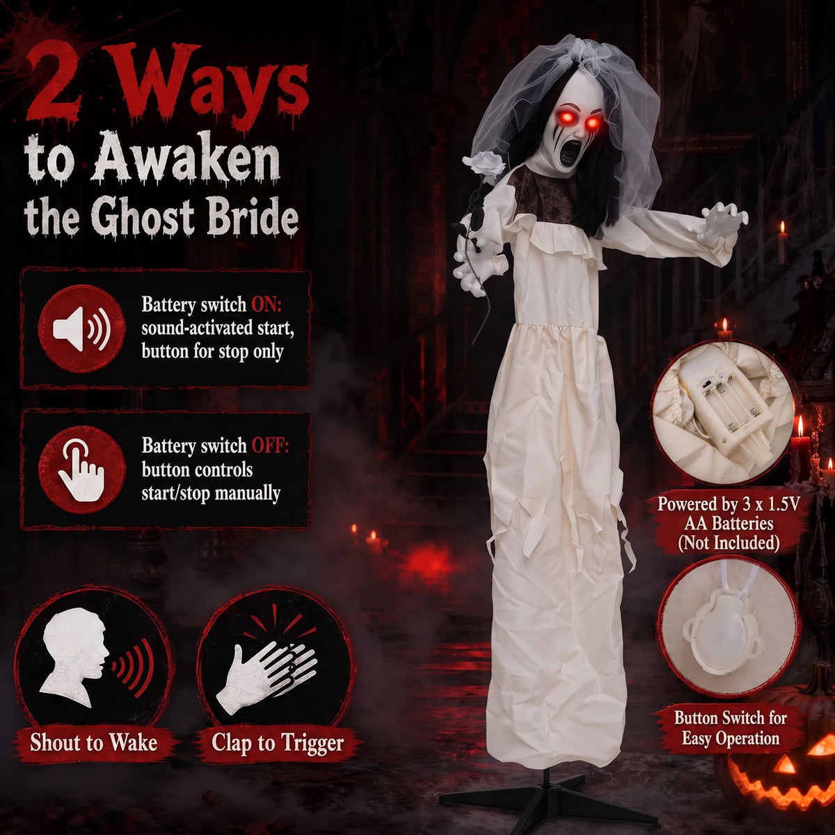 The bride animatronic stands beside illustrations of sound and clap triggers, battery placement, and a button switch.