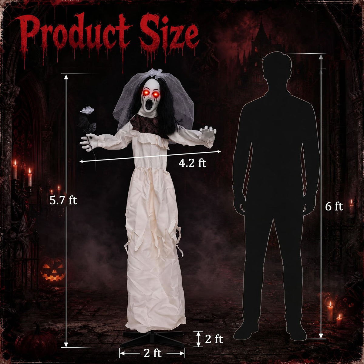 A size diagram shows the bride animatronic beside a human silhouette, with arrows marking its height, width, and base.
