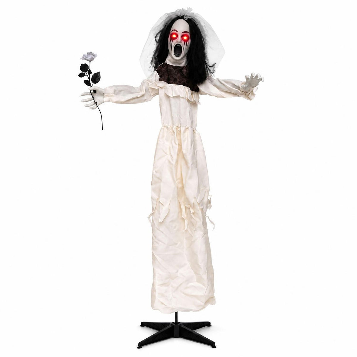 A full-length bride animatronic with glowing red eyes holds a flower against a plain white background.