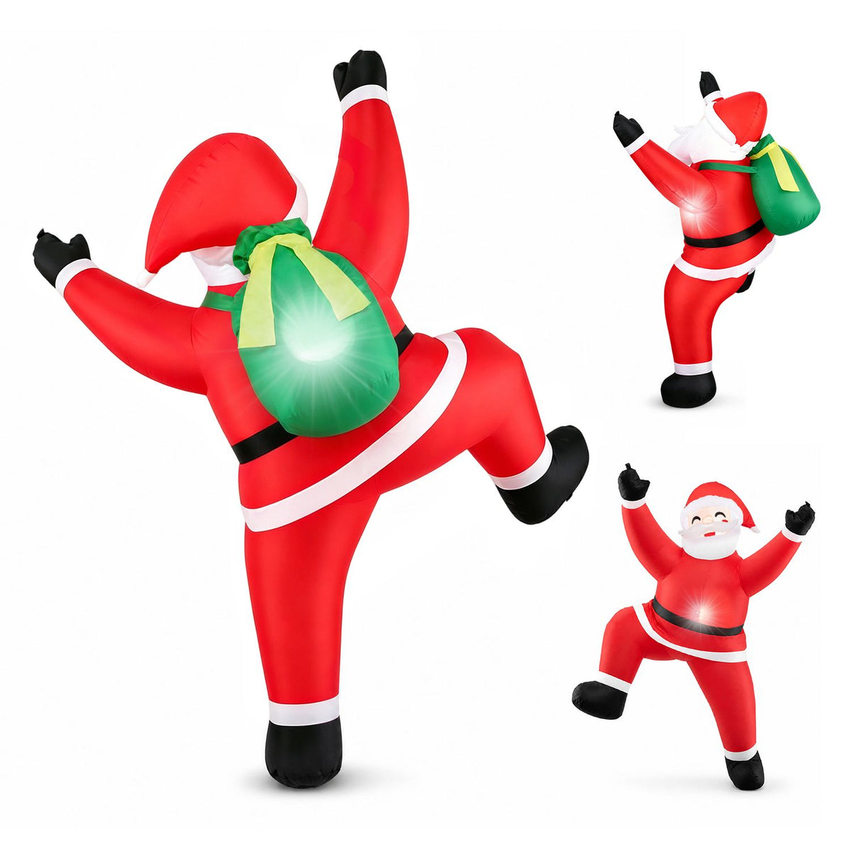 Three views show the inflatable Santa from behind and from the front, with his arms raised and sack visible.