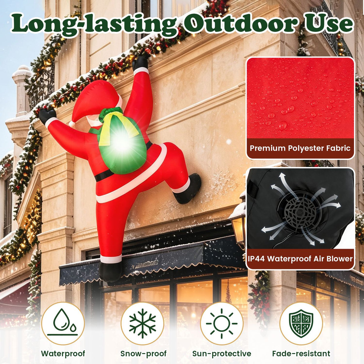 Inflatable Santa climbs a decorated building, alongside close-ups of red fabric and the air blower.