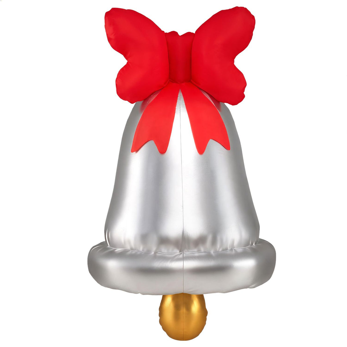 Back view of the silver inflatable bell, showing its red bow and gold-colored clapper against a white background