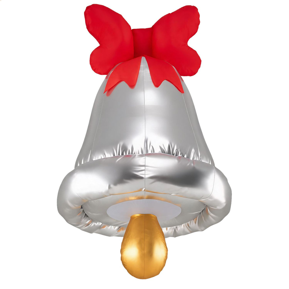 Front view of an inflatable silver bell with a large red bow and a gold-colored clapper against a white background
