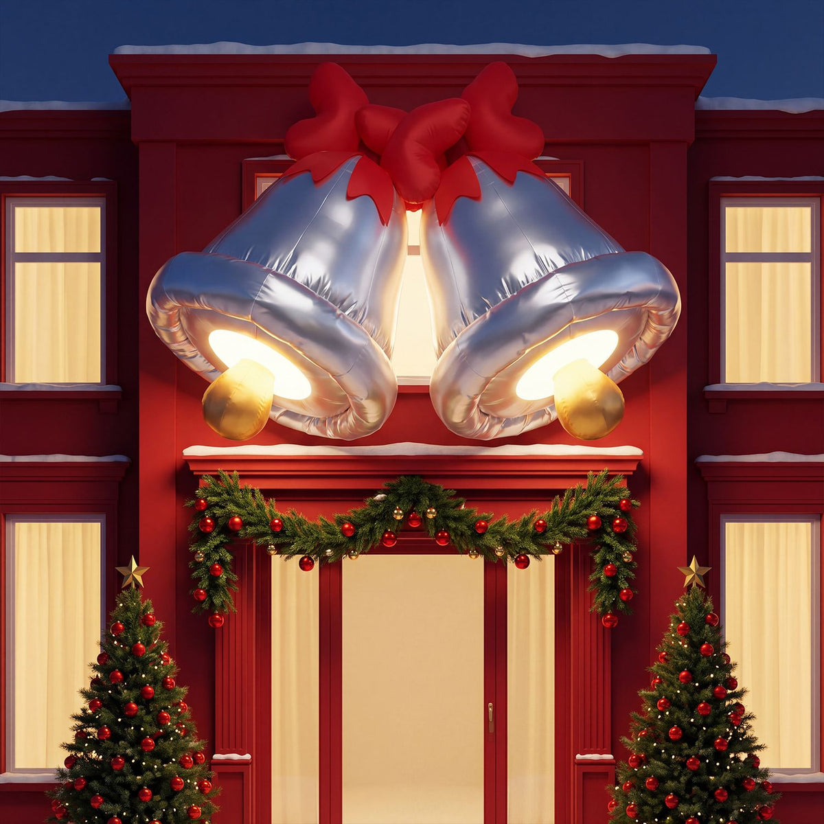 Two silver inflatable bells with red bows hang above the garland-decorated entrance of a red house.
