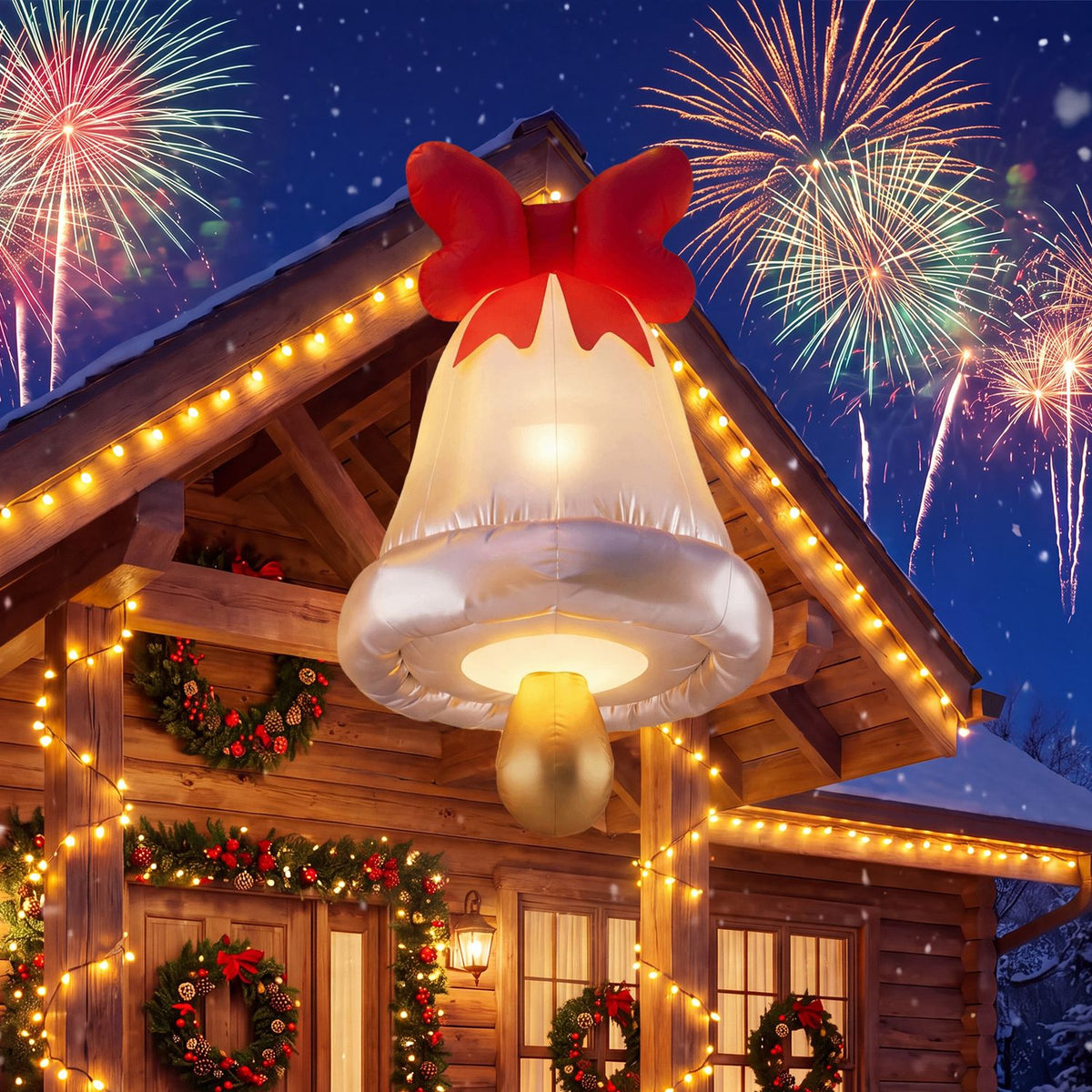 Illuminated silver bell-shaped Christmas decoration with a red bow hanging from a wreath-lit cabin roof as fireworks burst