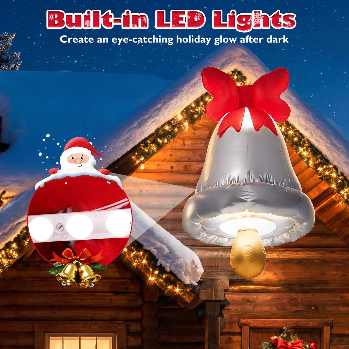A glowing silver inflatable bell with a red bow sits on a snowy, light-lined roof beside an inset Santa figure.