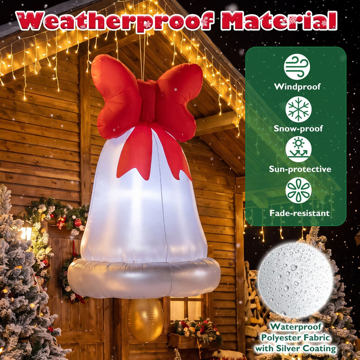 Silver inflatable bell with a red bow stands beside a wooden cabin, with a circular close-up of water droplets on fabric.
