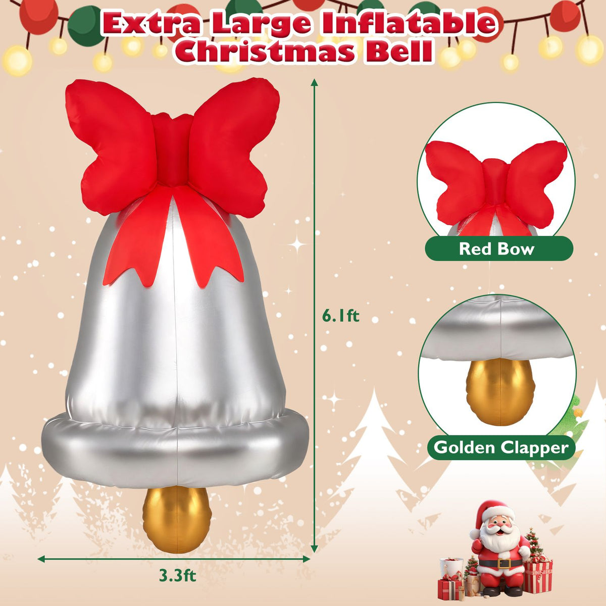 Silver inflatable Christmas bell with a red bow and gold clapper, shown with close-ups of its bow and clapper.