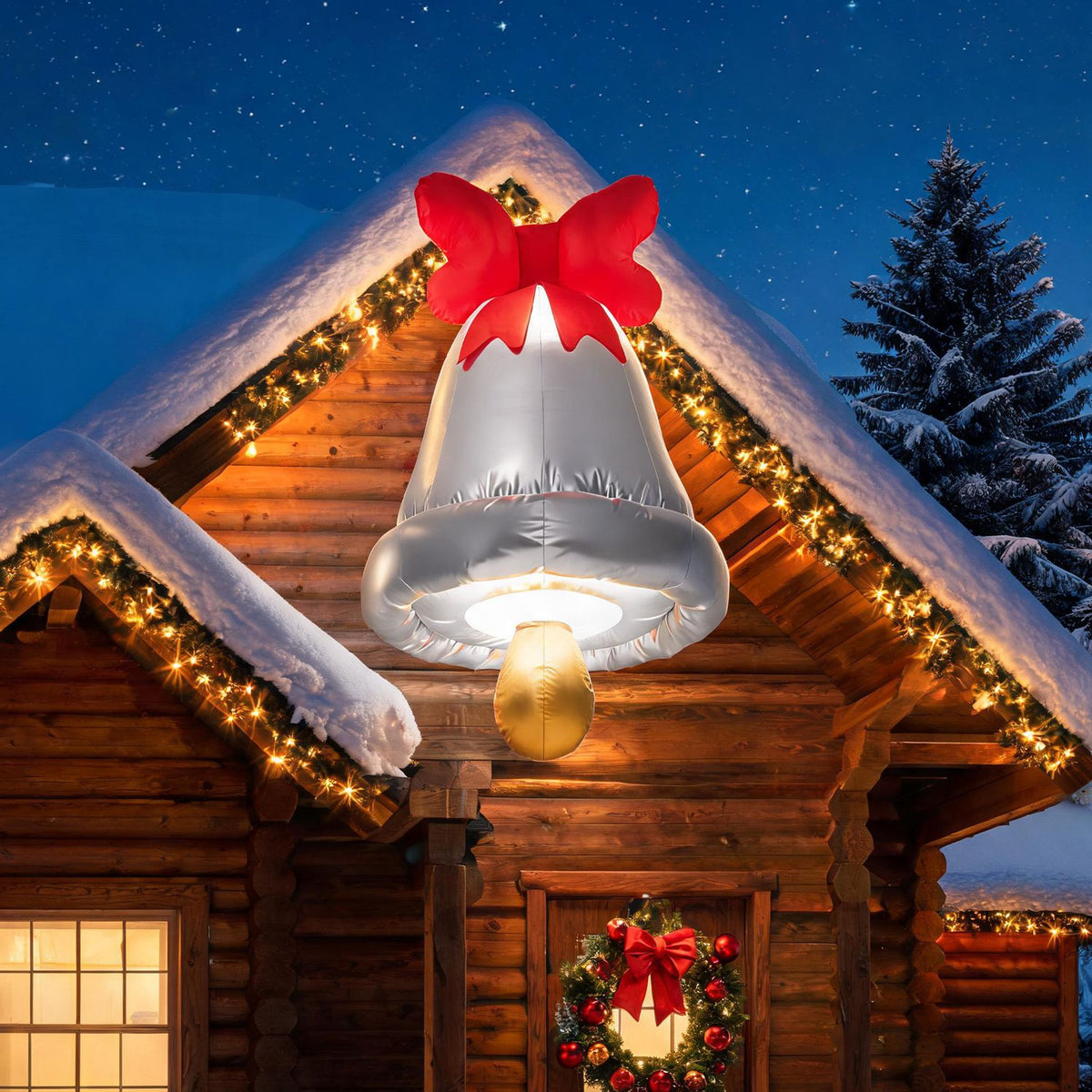 Glowing silver bell decoration with a red bow displayed above the snowy, wreath-decorated entrance of a log cabin