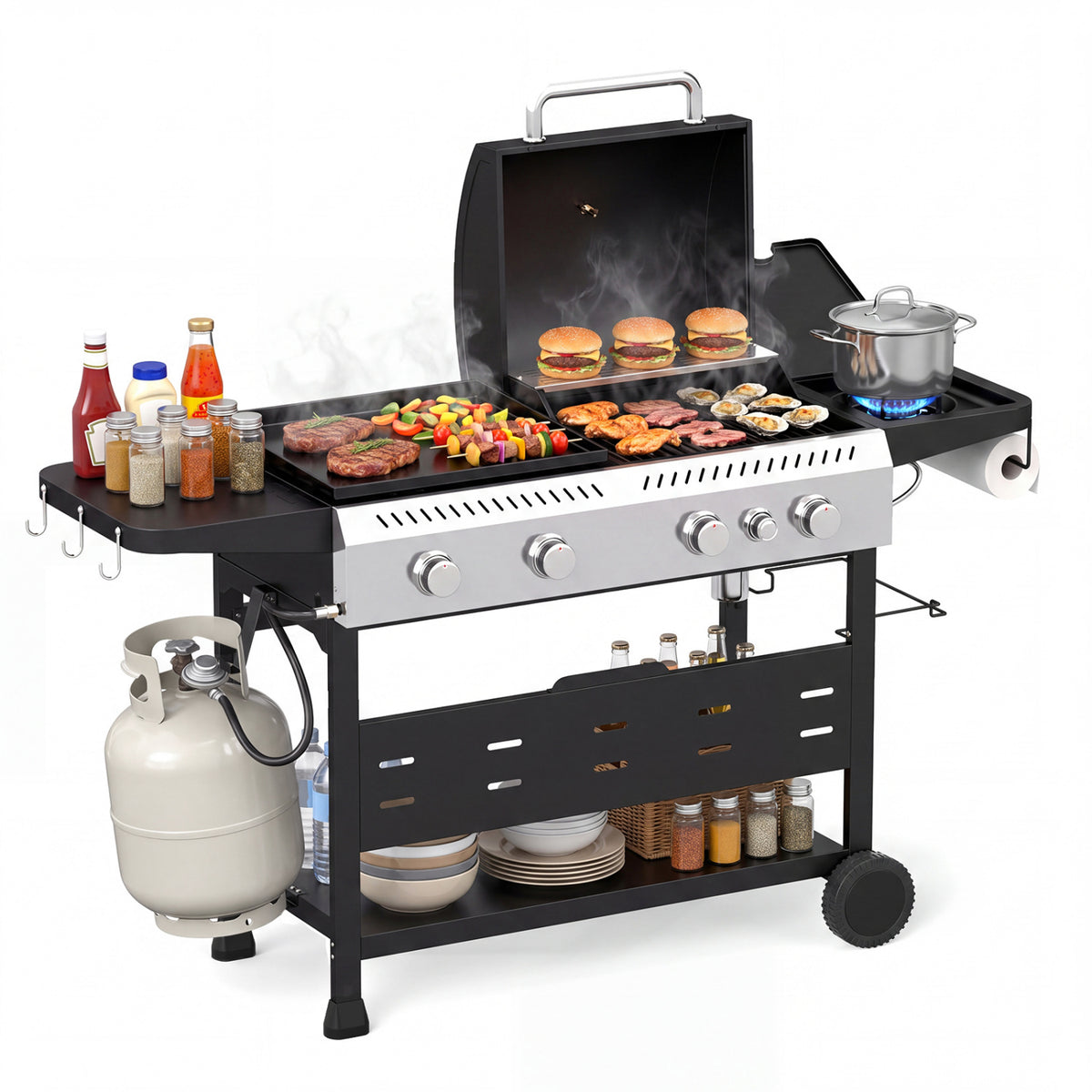 5-Burner Propane Gas Grill and Griddle Combo with Side Burner, Black