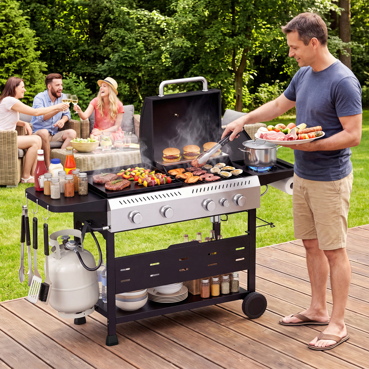 5-Burner Propane Gas Grill and Griddle Combo with Side Burner, Black