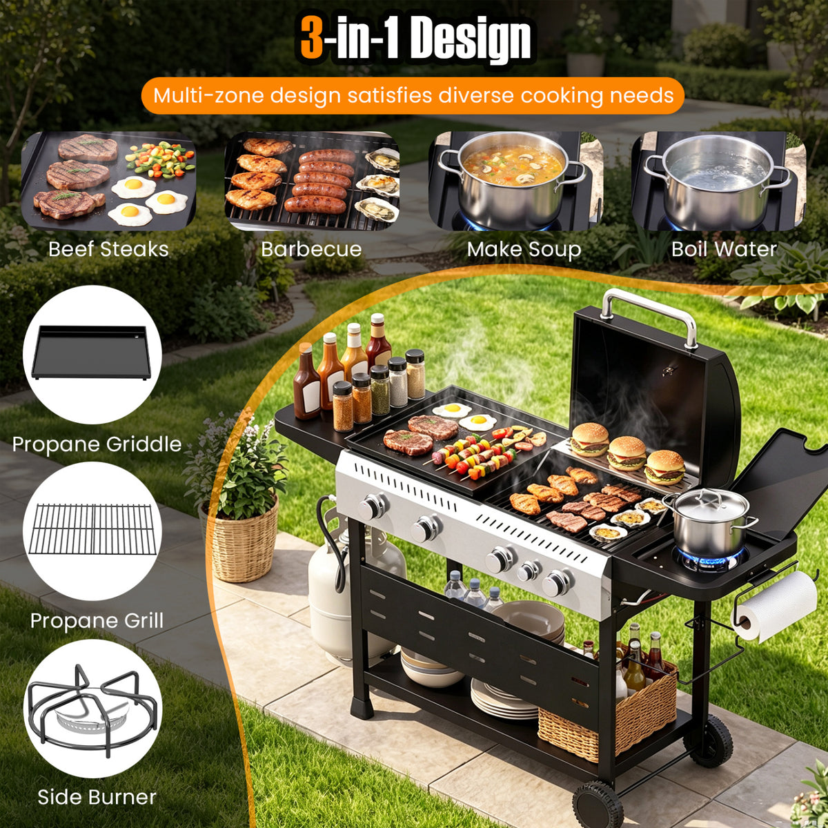 5-Burner Propane Gas Grill and Griddle Combo with Side Burner, Black