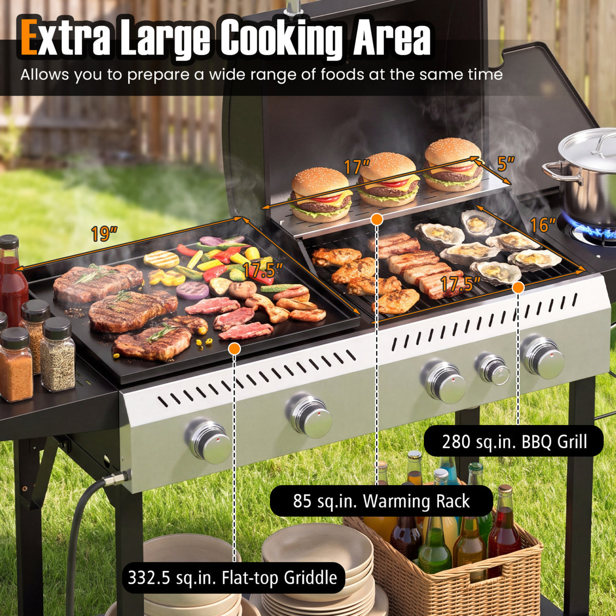 5-Burner Propane Gas Grill and Griddle Combo with Side Burner, Black