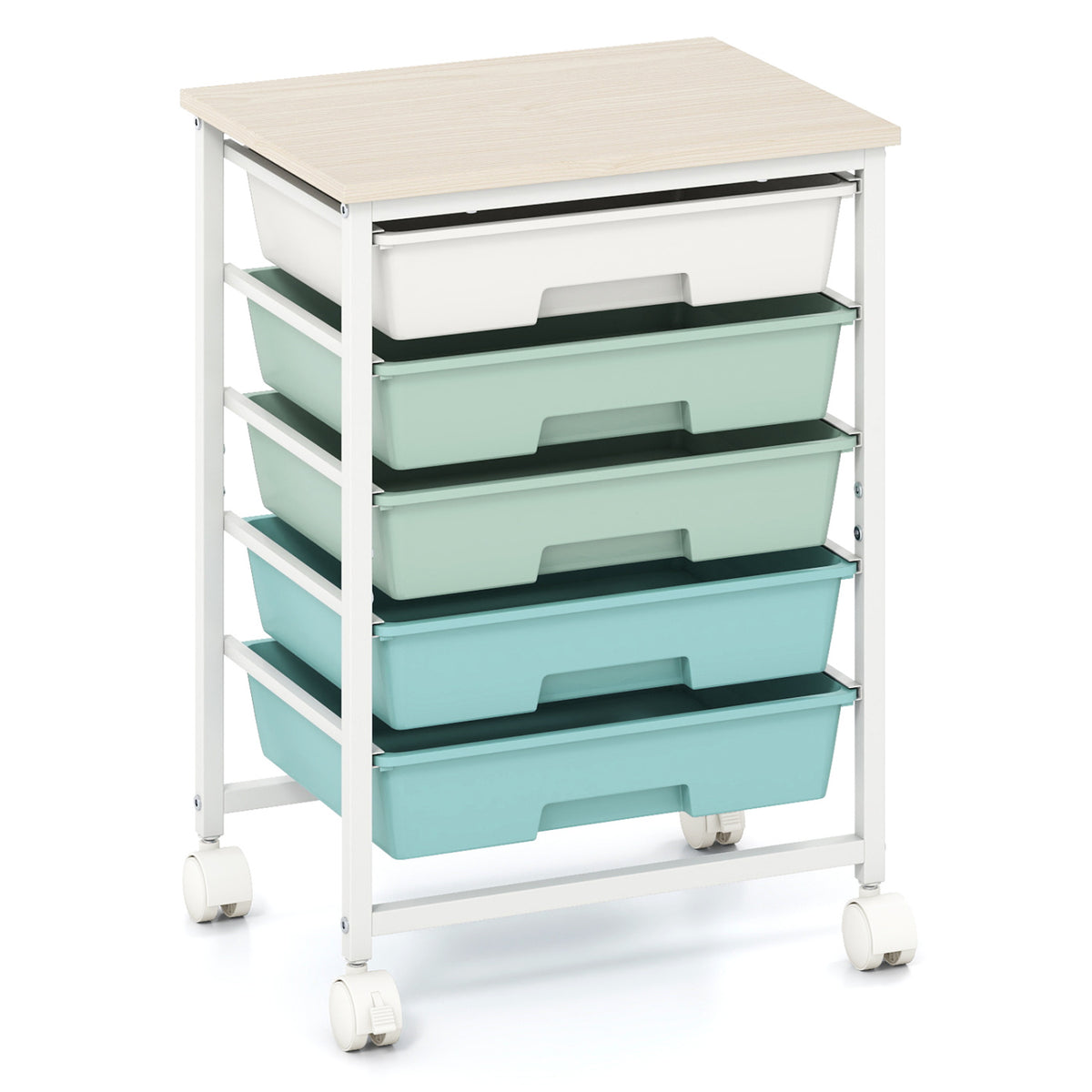 A white-framed rolling cart with a pale wood top and five mint-green and white drawers.