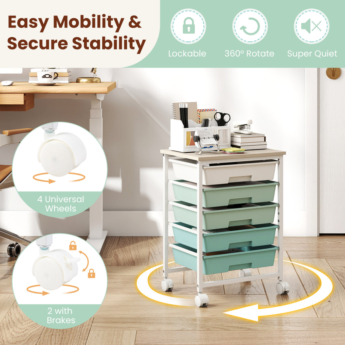 Mint-and-white drawer cart on casters, shown in a workspace with close-up illustrations of its wheels.