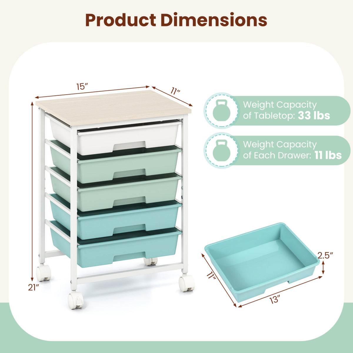 Rolling cart with a pale wood top, white frame, and five mint drawers beside a separate drawer tray.