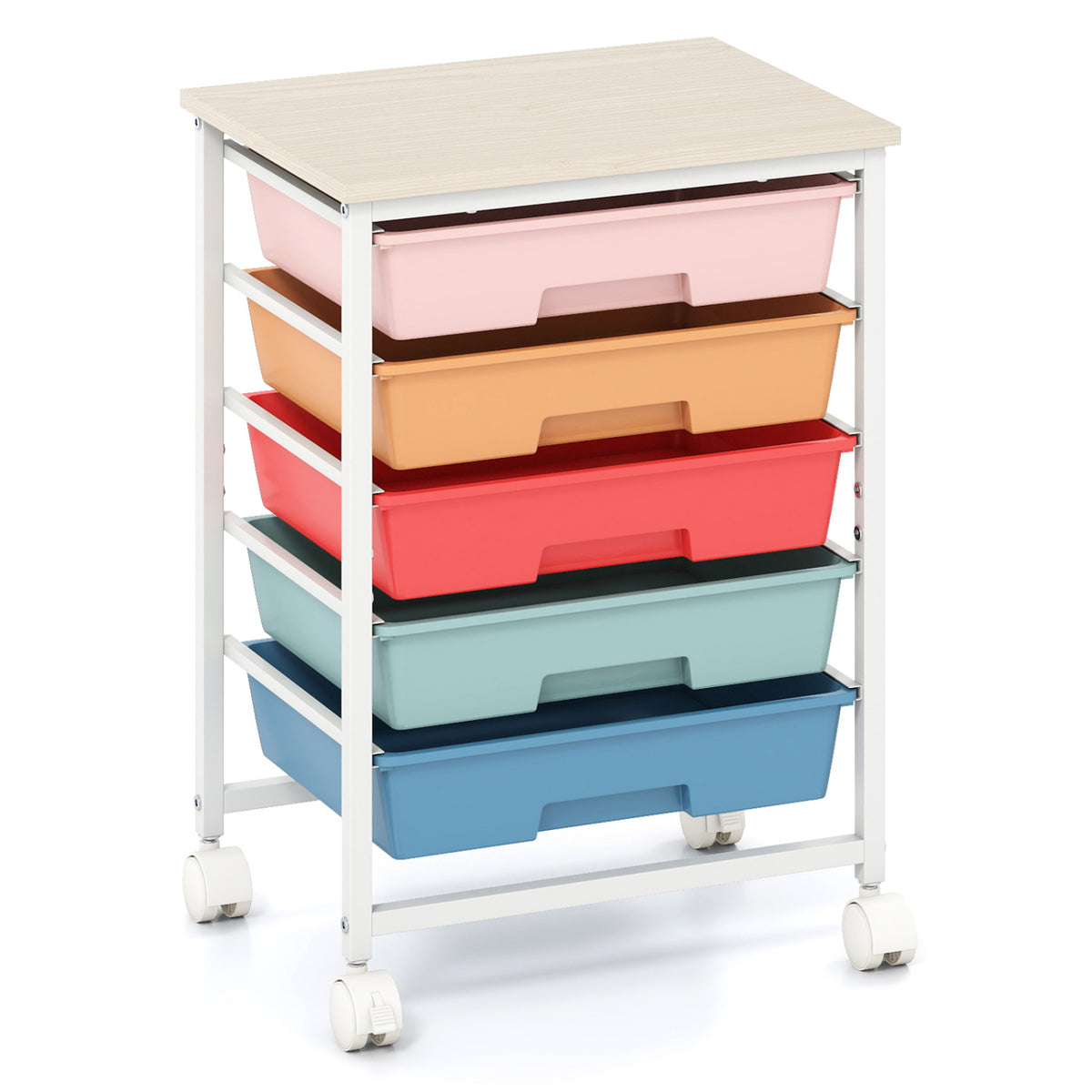 A five-bin rolling cart shown with its bare pale wood tabletop and white caster wheels.