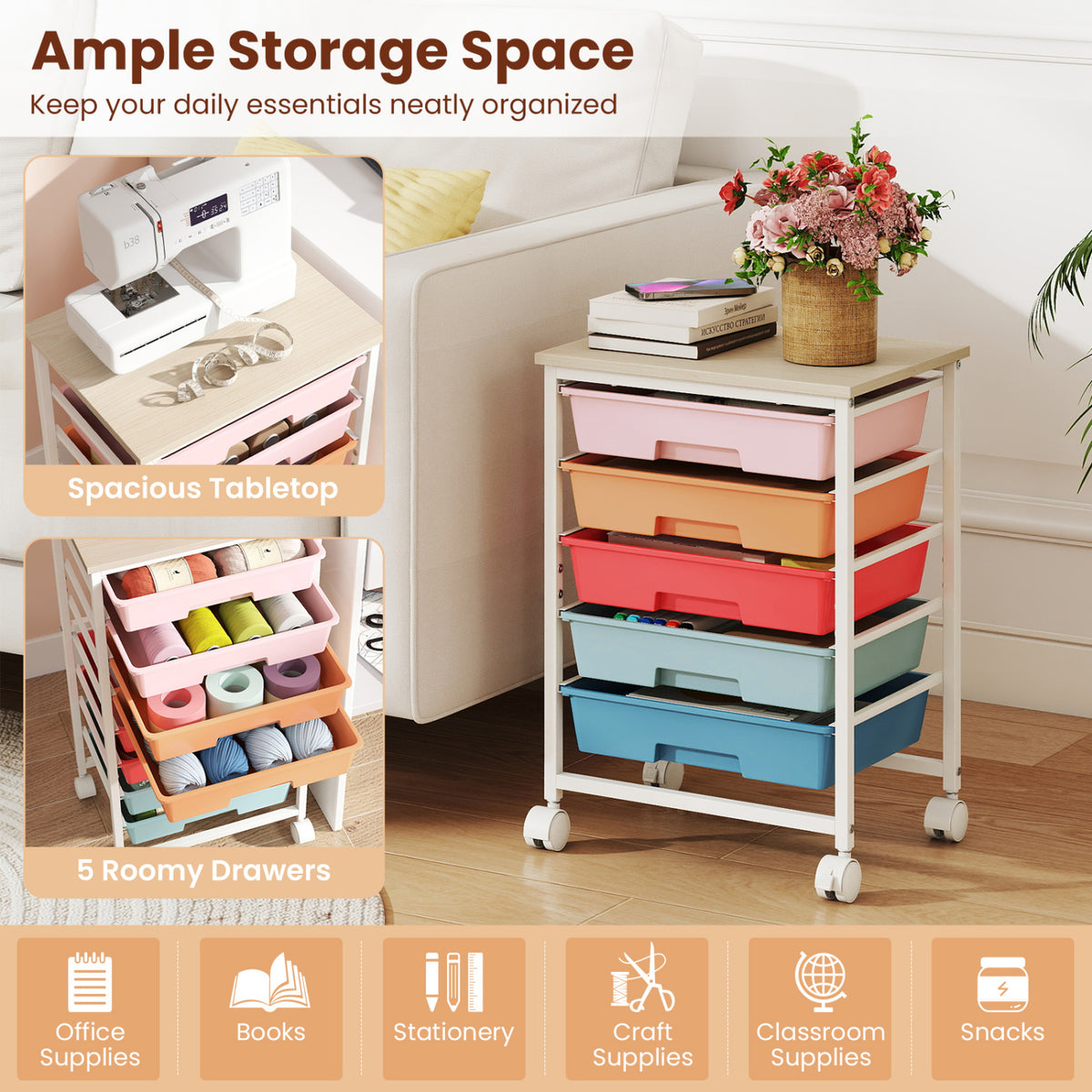 Colorful five-drawer cart beside a sofa, with craft supplies arranged on its tabletop and in open drawers.