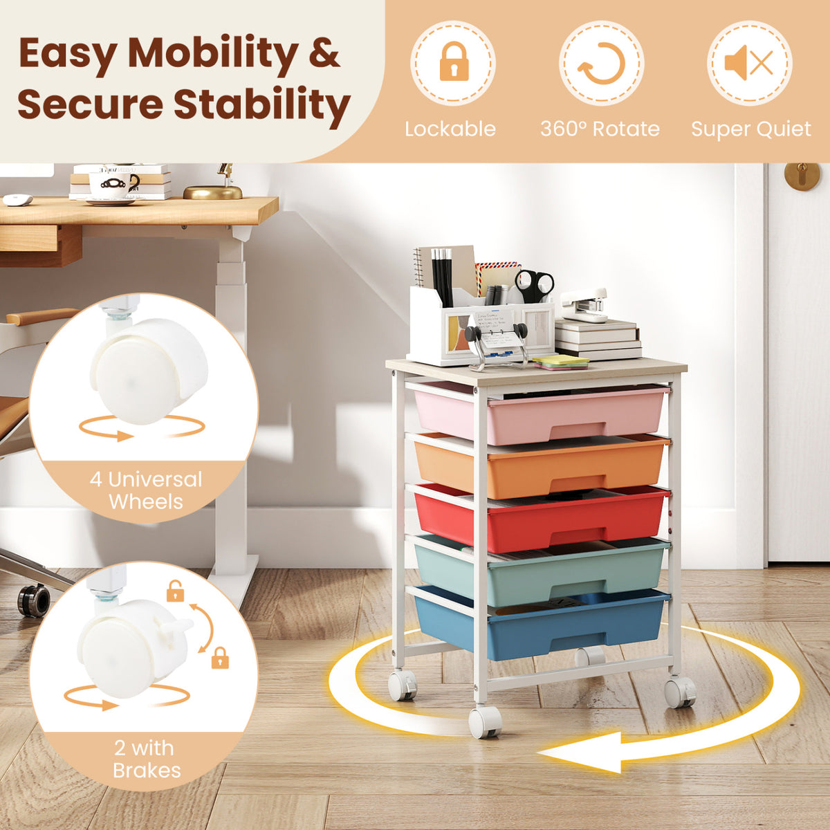 Colorful drawer cart on caster wheels, with close-up illustrations of the wheels and brakes.