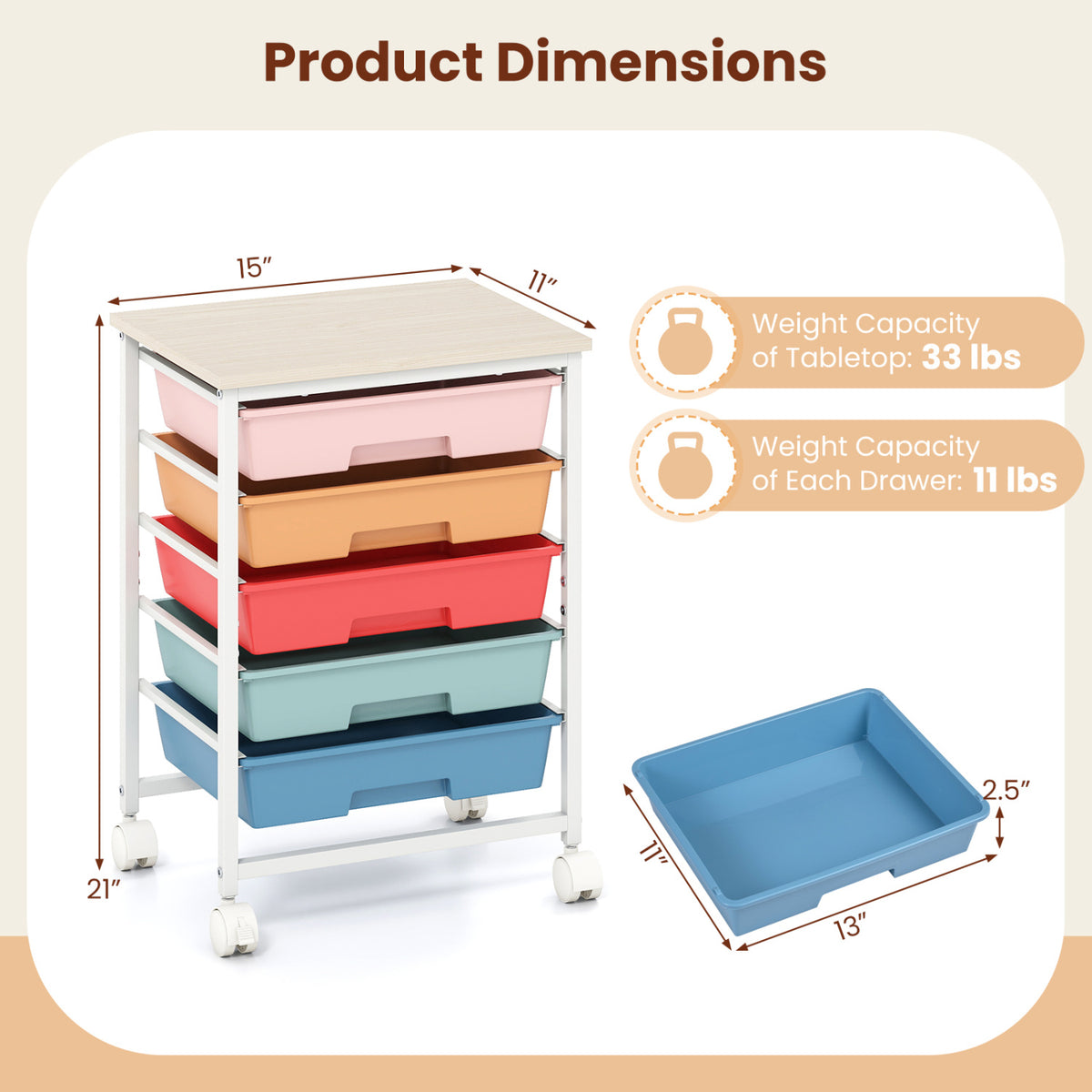 Rolling five-drawer cart shown with a separate drawer and measurement callouts.
