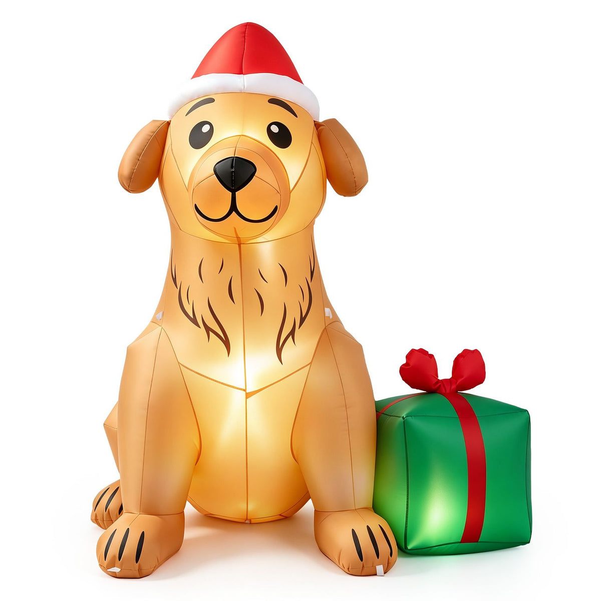 Front view of the golden retriever inflatable and green gift on a white background