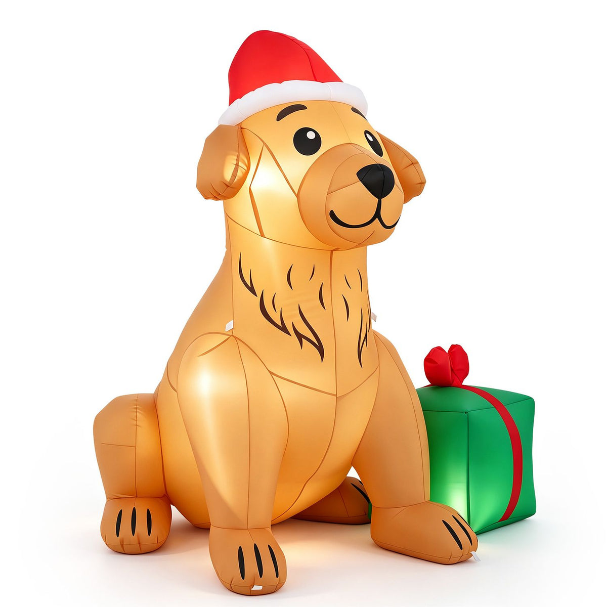 Three-quarter view of the golden retriever Christmas inflatable beside its gift