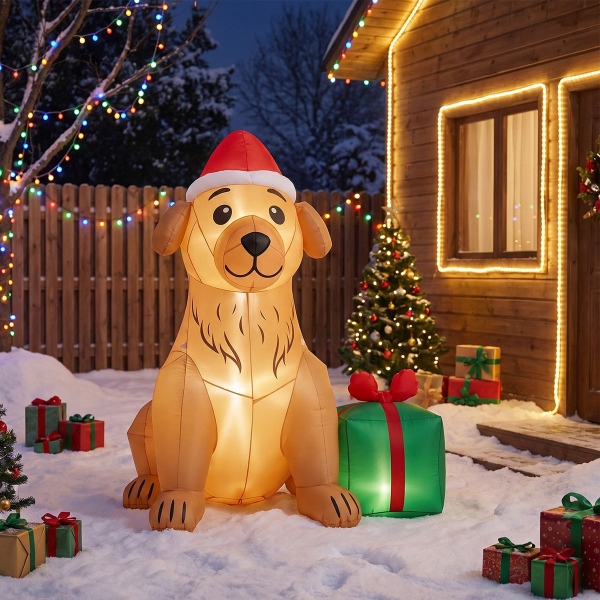 Illuminated golden retriever inflatable with a Santa hat and gift in a snowy yard