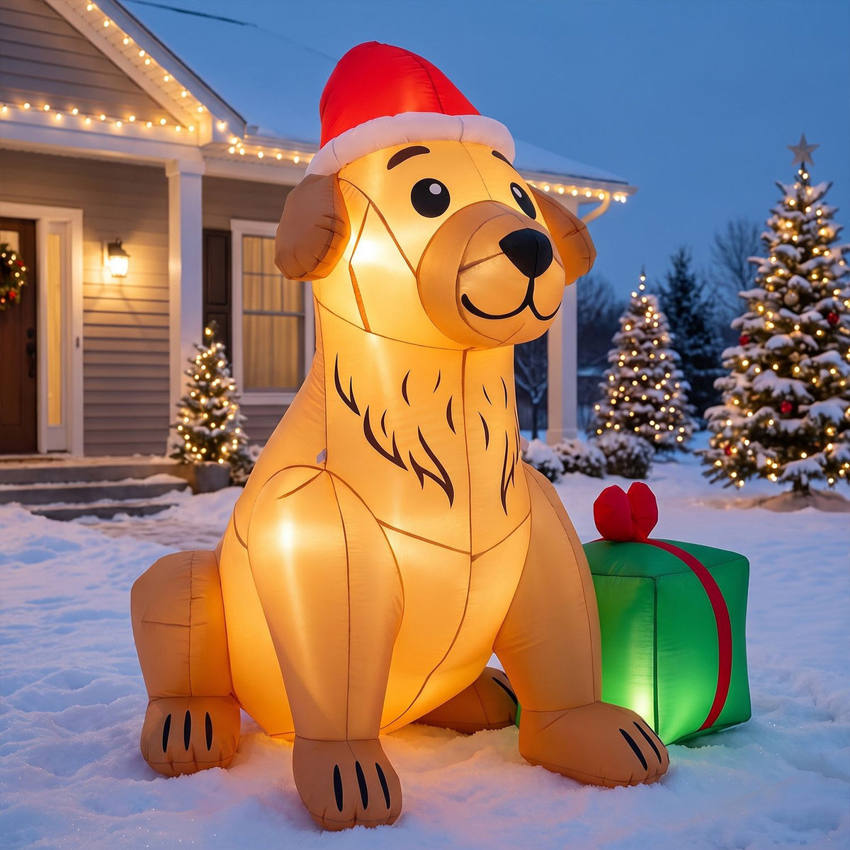 Angled view of a lit golden retriever Christmas inflatable outdoors at dusk