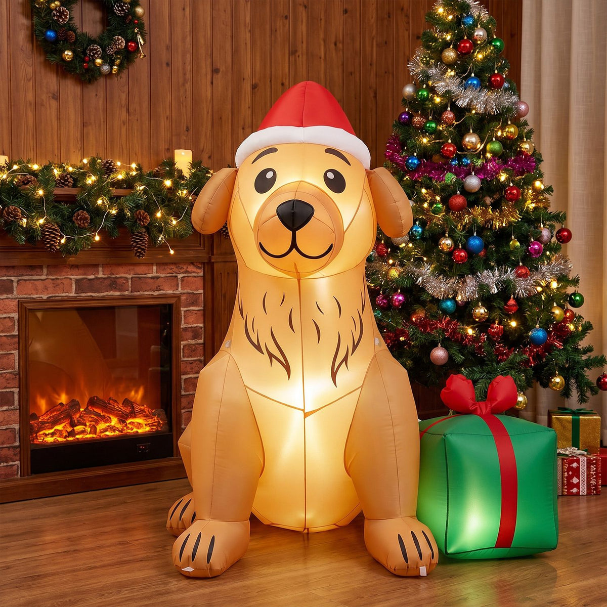 Illuminated golden retriever Christmas inflatable beside a fireplace and tree