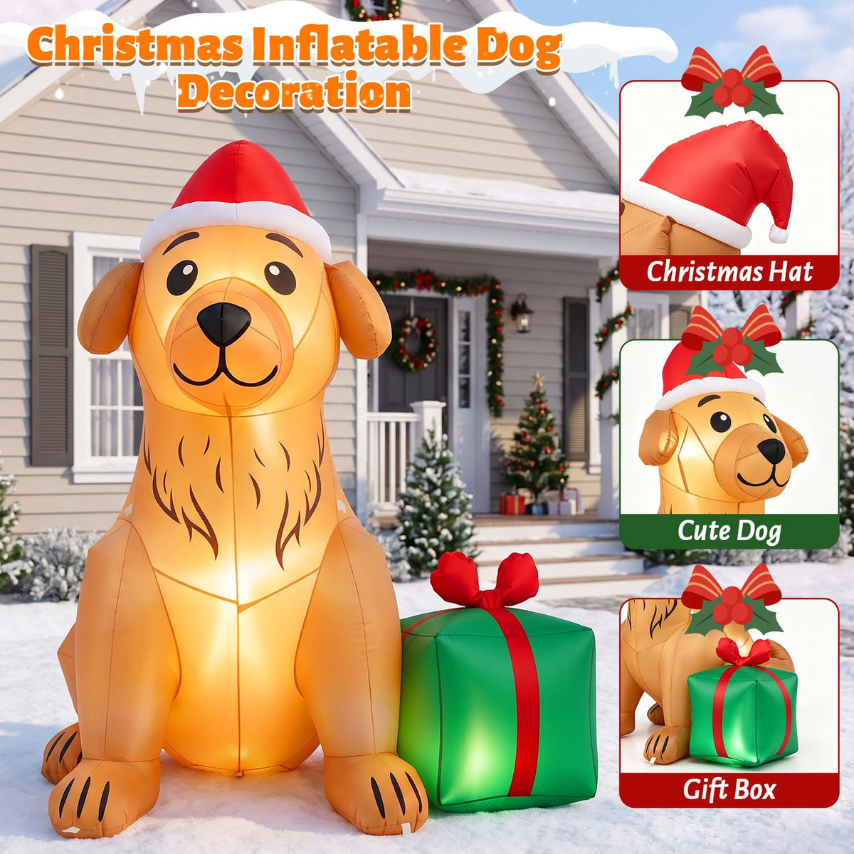 Inflatable golden retriever and green present on snow, with inset close-ups of the hat, dog face and gift.