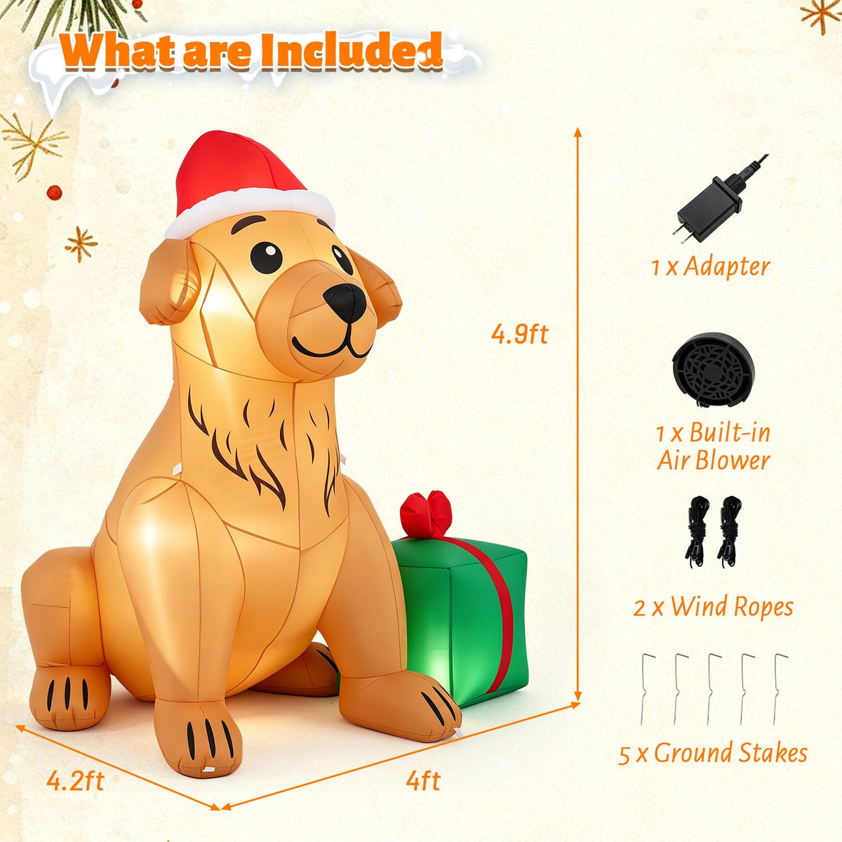 Golden retriever inflatable with gift beside an included adapter, ropes, and stakes