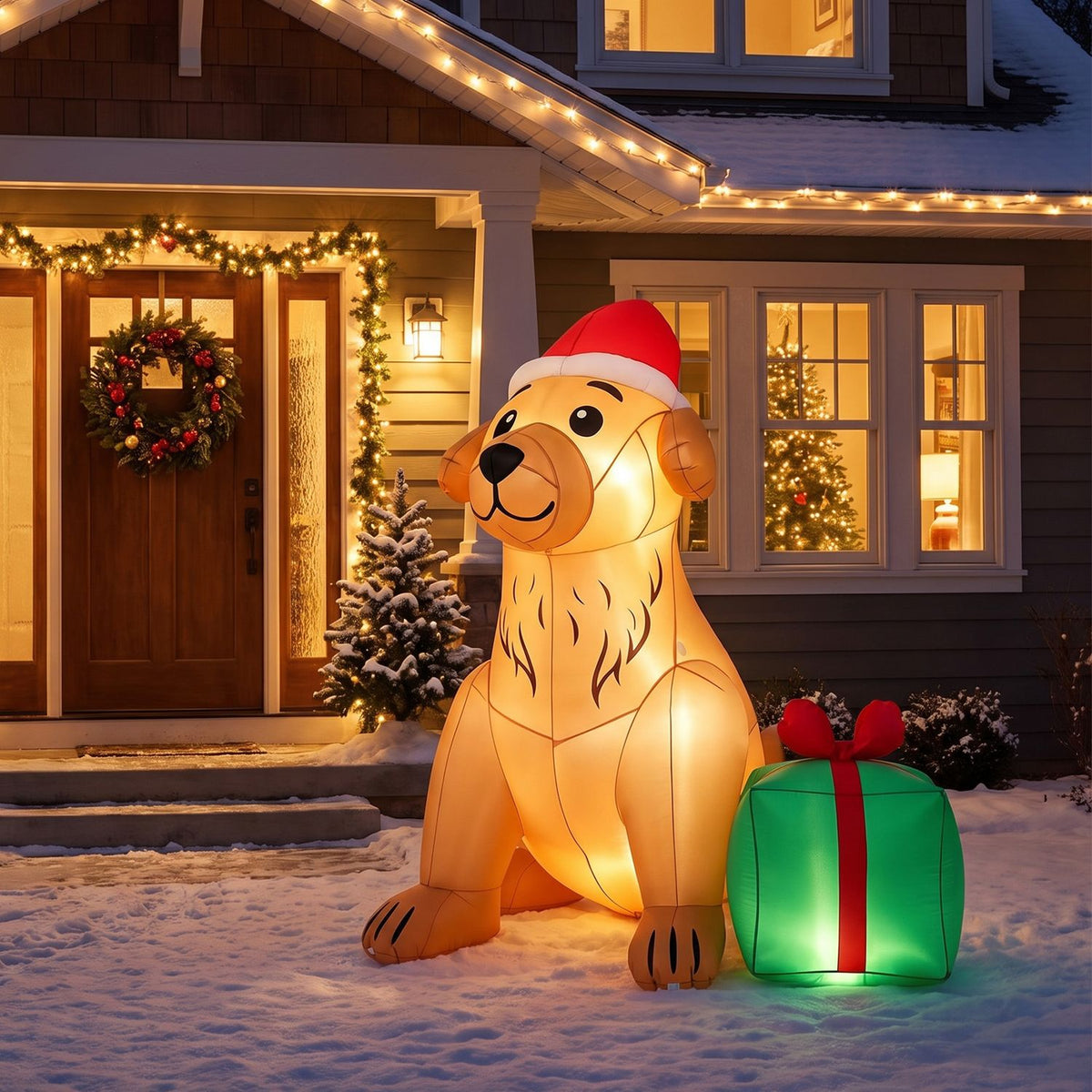 A Santa-hat inflatable golden retriever and green present on a snowy lawn in front of a warmly lit house.