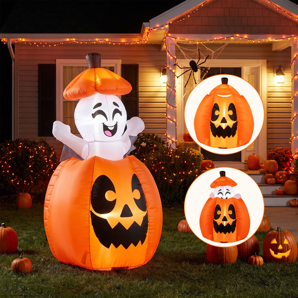 5 FT Animated Halloween Inflatable Pumpkin and Rising Ghost for Holiday Decor