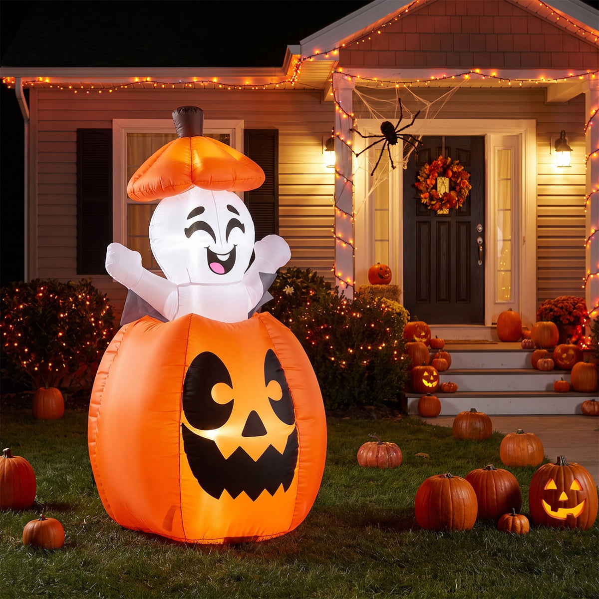 5 FT Animated Halloween Inflatable Pumpkin and Rising Ghost for Holiday Decor