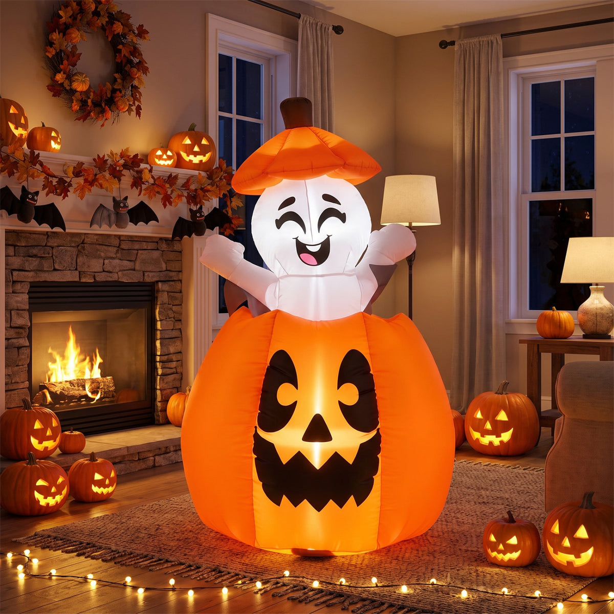 5 FT Animated Halloween Inflatable Pumpkin and Rising Ghost for Holiday Decor
