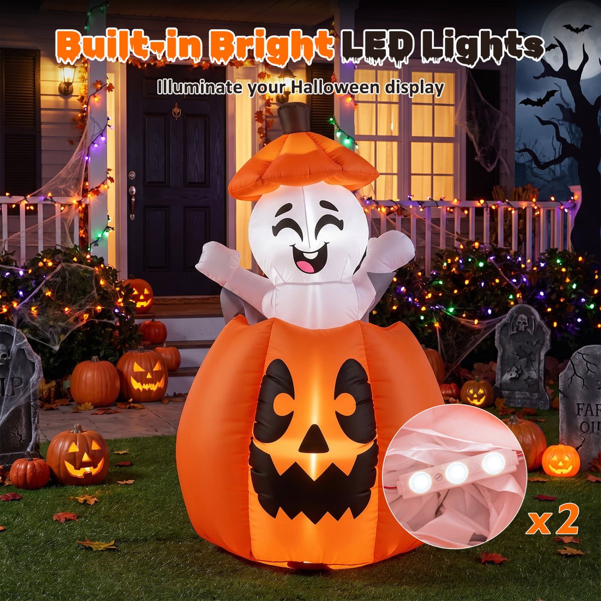 5 FT Animated Halloween Inflatable Pumpkin and Rising Ghost for Holiday Decor