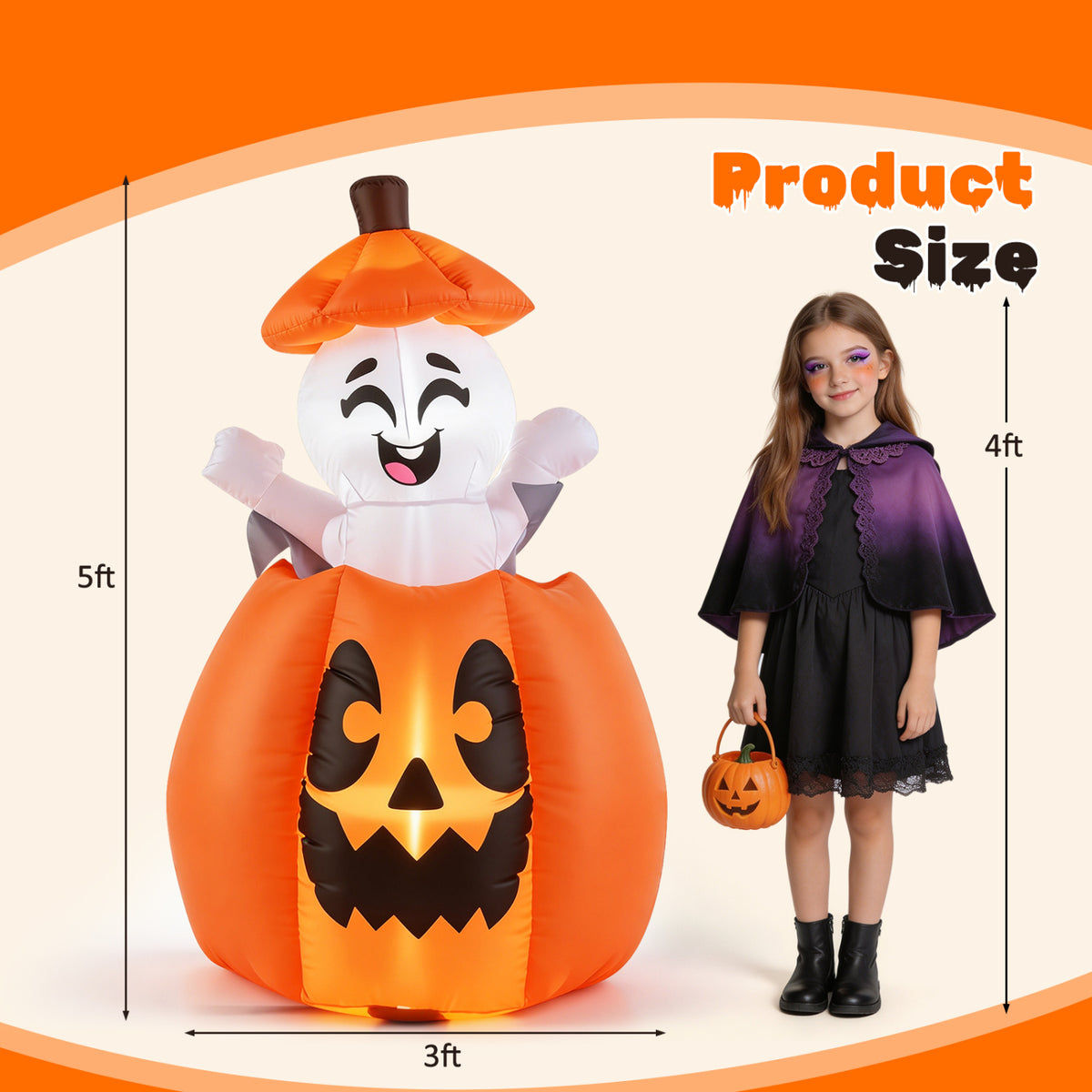 5 FT Animated Halloween Inflatable Pumpkin and Rising Ghost for Holiday Decor