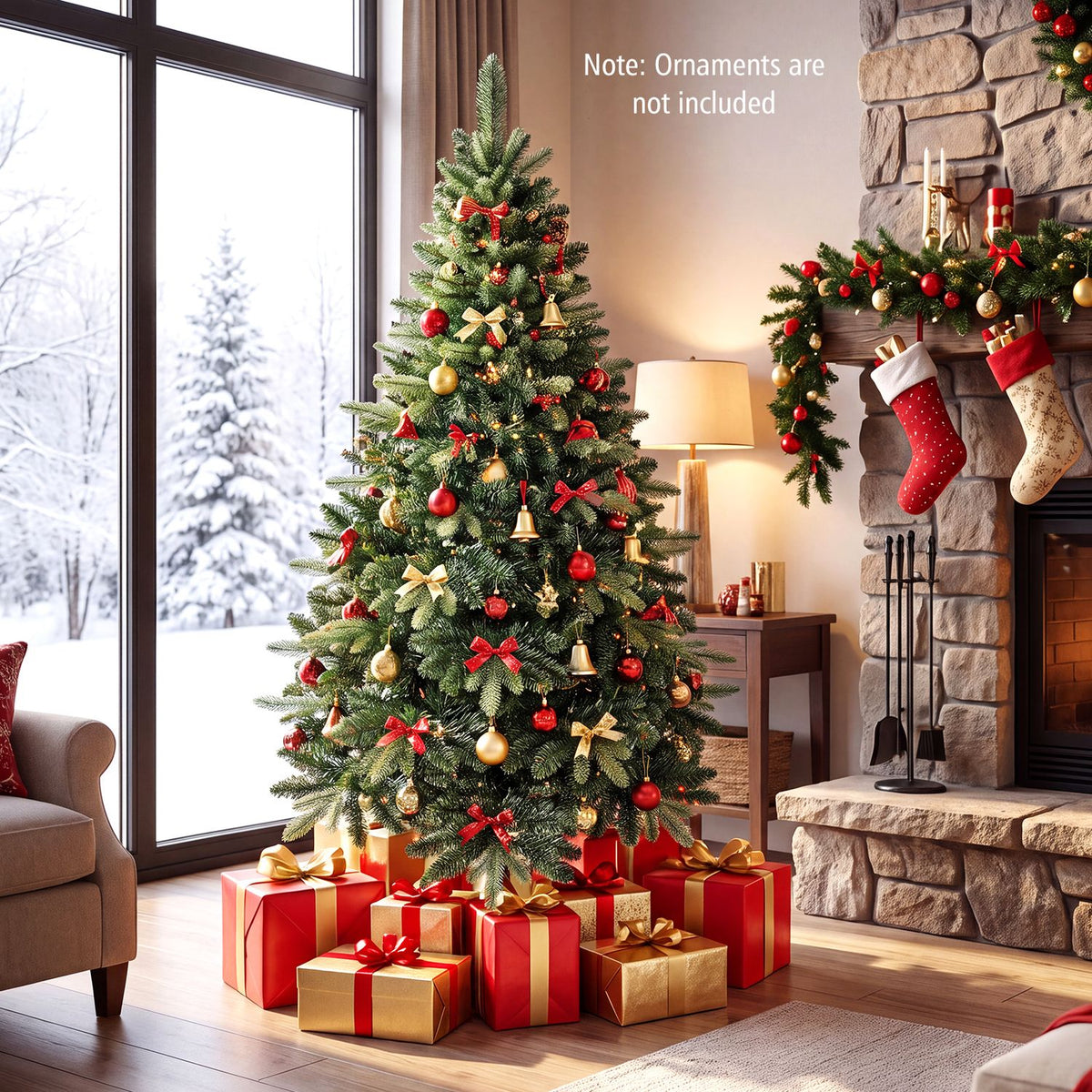 Decorated Christmas tree with red and gold ornaments beside a stone fireplace and snowy window.