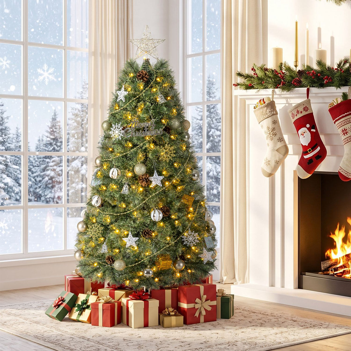 Decorated Christmas tree with warm lights and presents beside a snowy window and fireplace.