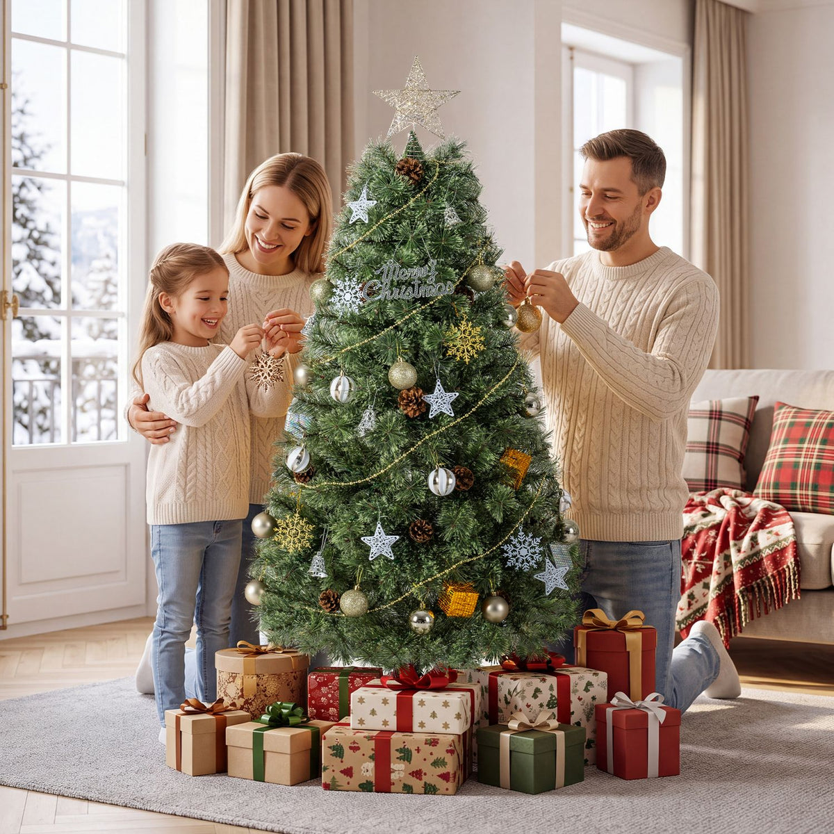 A family decorates a lit Christmas tree surrounded by wrapped presents.