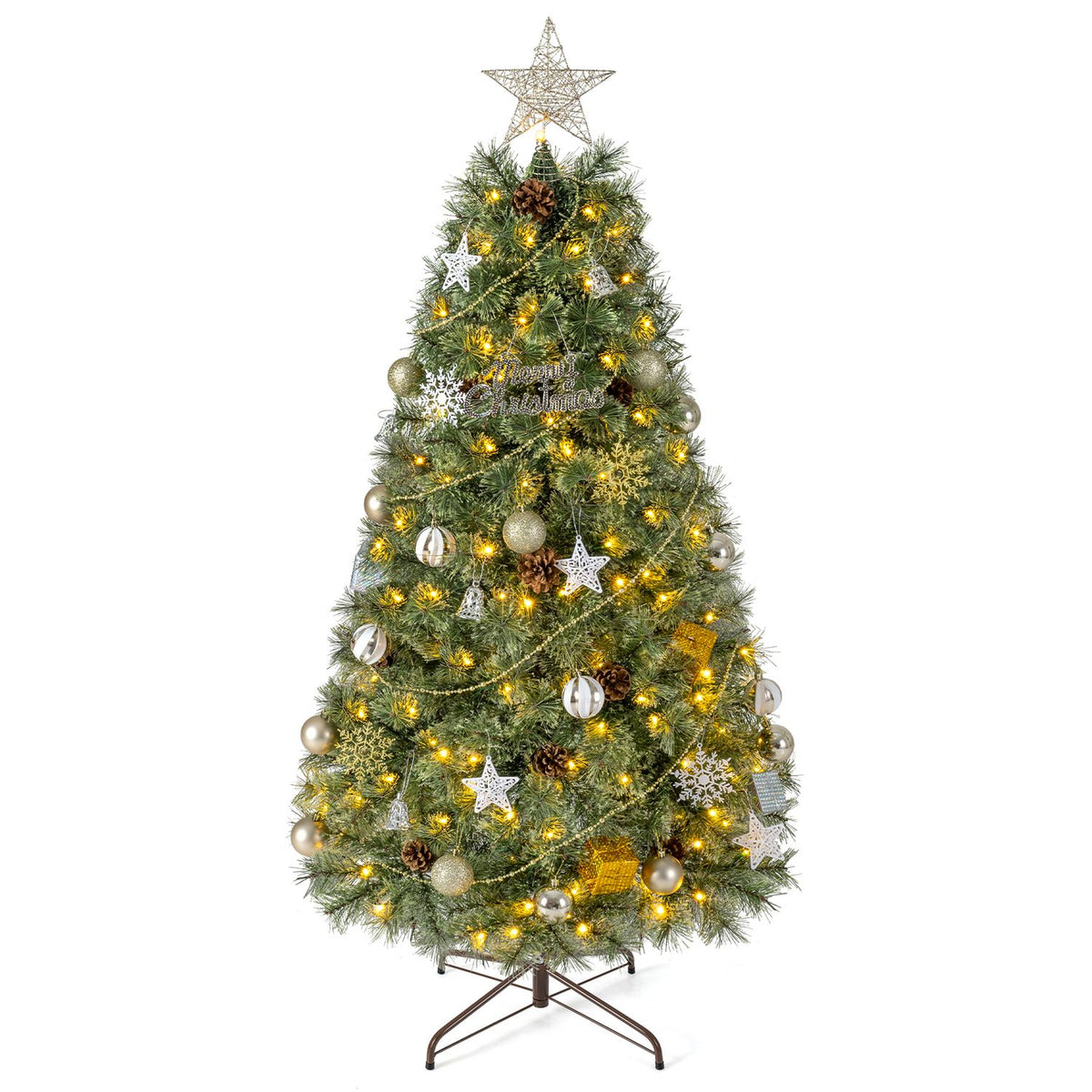 Lit artificial Christmas tree with a star topper, ornaments, and a visible metal stand.
