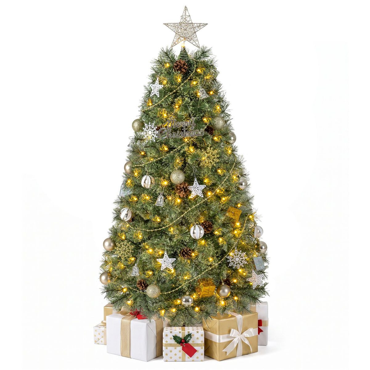 Decorated, glowing Christmas tree shown above several wrapped gift boxes.