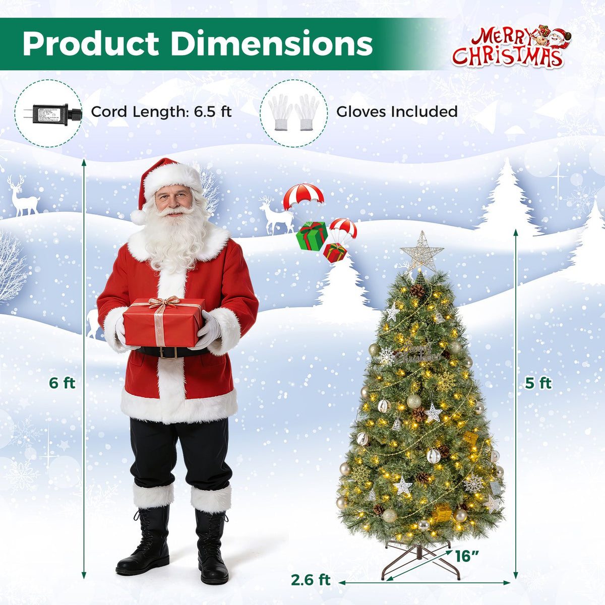 A decorated, illuminated Christmas tree beside a Santa figure, with arrows marking its height and base.
