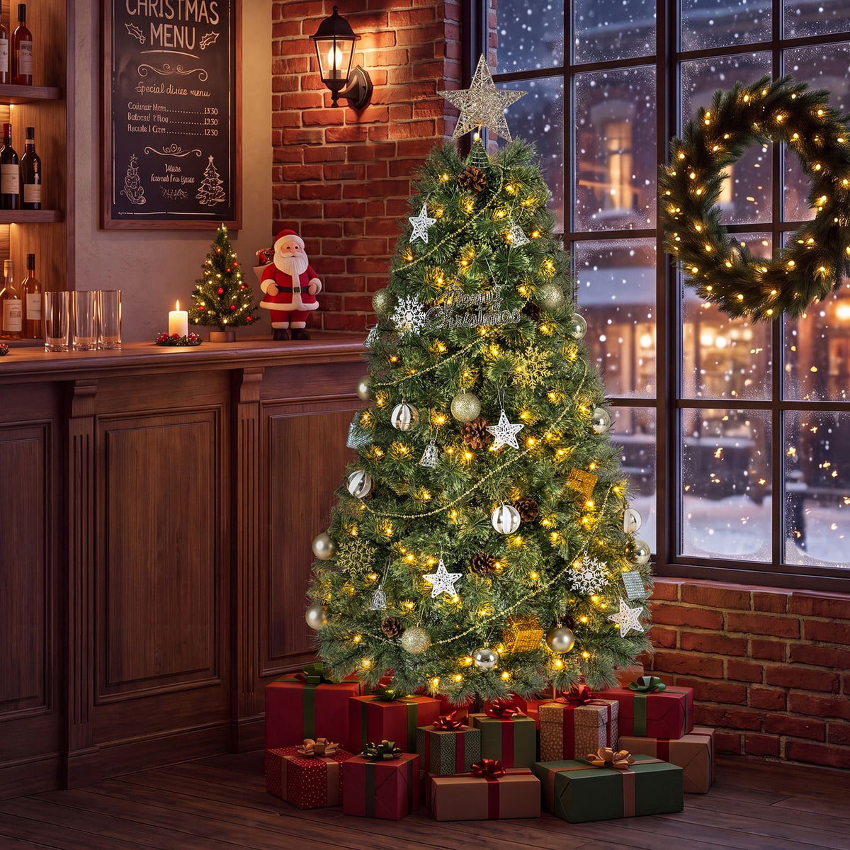 A lit, ornamented Christmas tree surrounded by wrapped gifts in a warmly lit room.