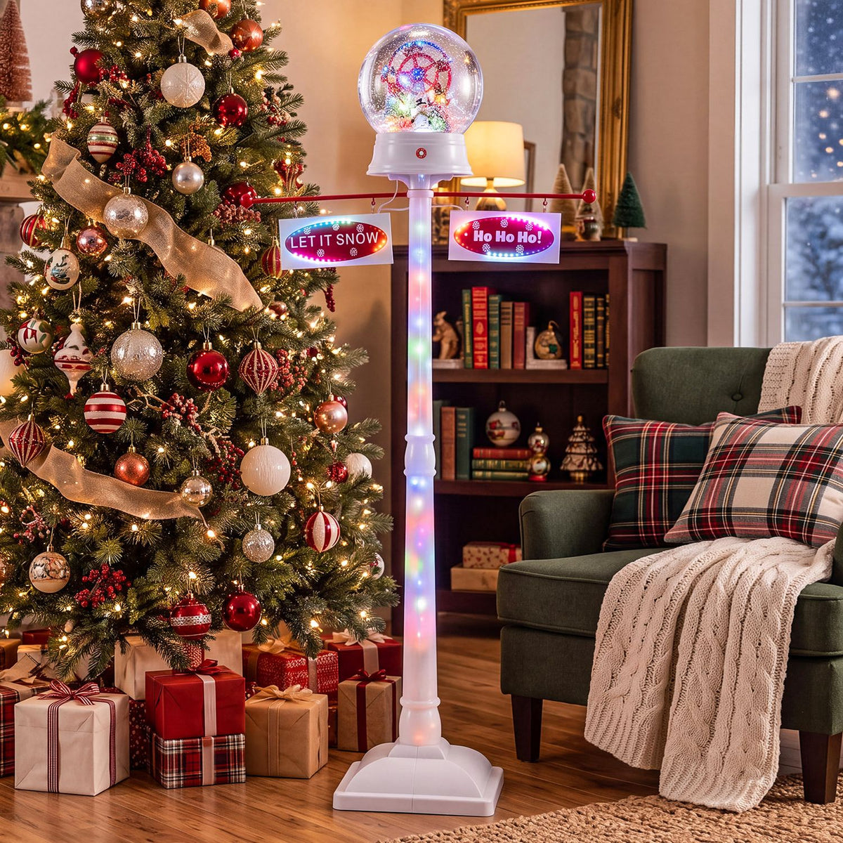 White light-up street lamp beside a decorated Christmas tree, with a glowing globe and two hanging signs.