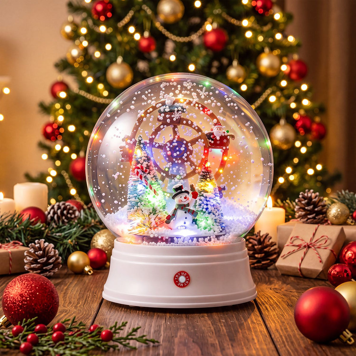 Close-up of the glowing globe showing a snowman and holiday scene inside, with ornaments and a tree behind it.